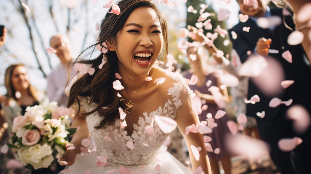 Beautiful happy bride with wedding bouquet and red rose petals