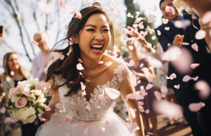Beautiful happy bride with wedding bouquet and red rose petals