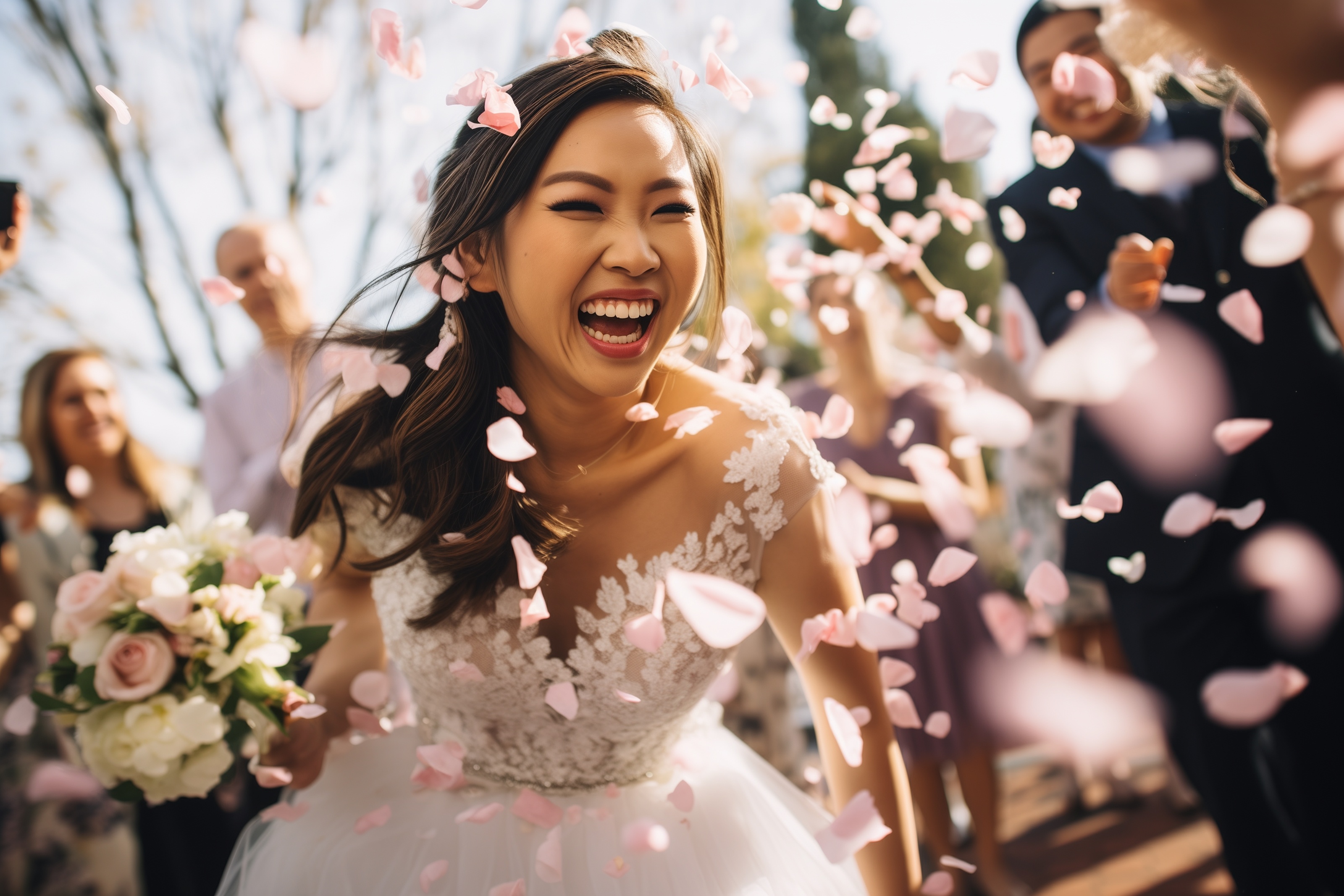 Beautiful happy bride with wedding bouquet and red rose petals