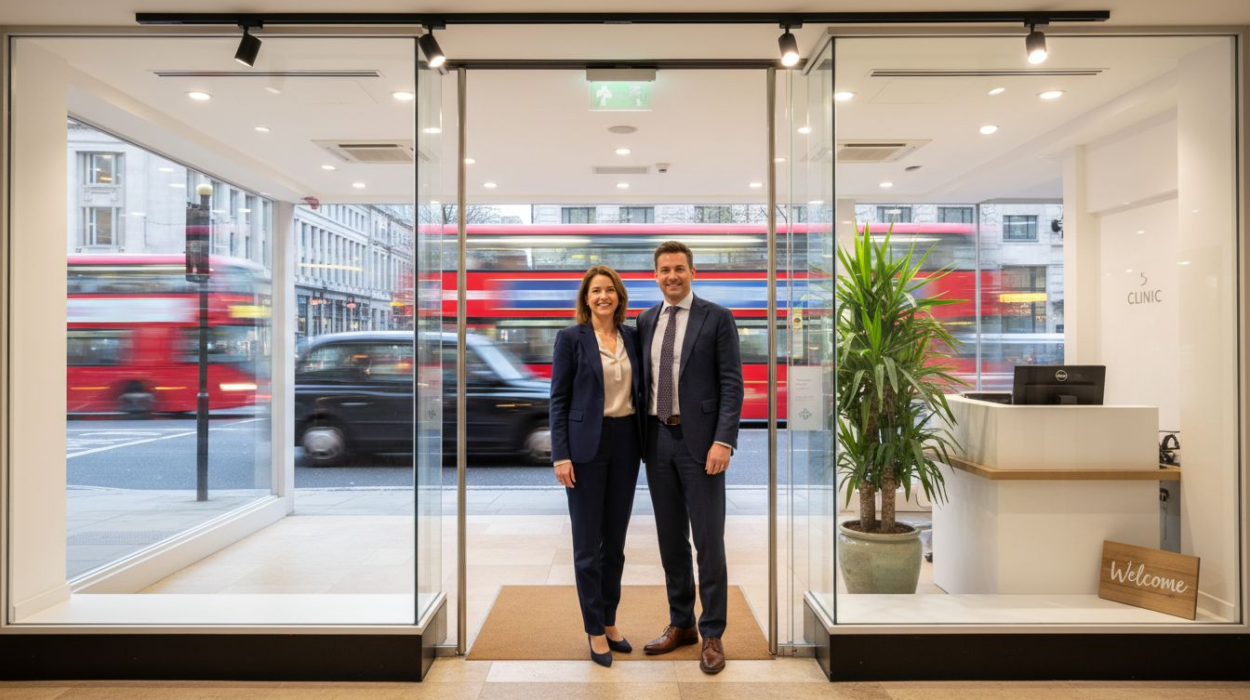 Clinic owners in London at glass storefront entrance