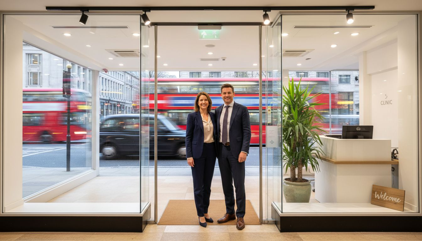 Clinic owners in London at glass storefront entrance