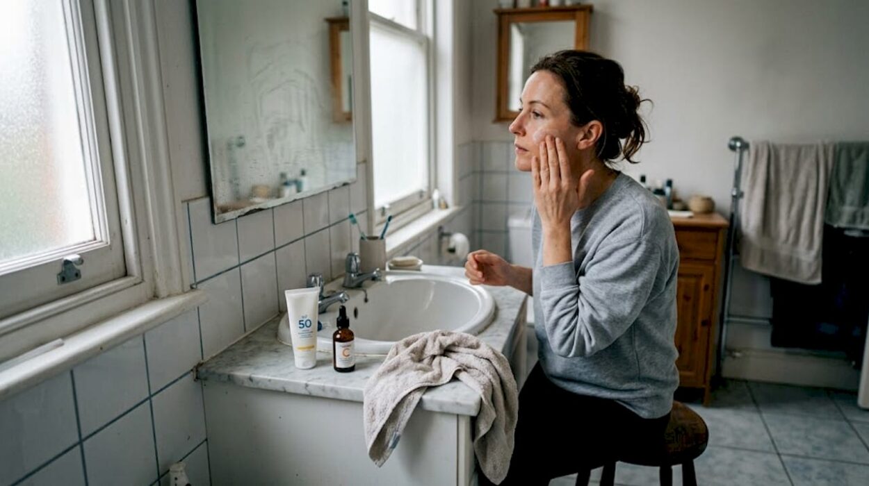 Woman applying sunscreen in bathroom routine