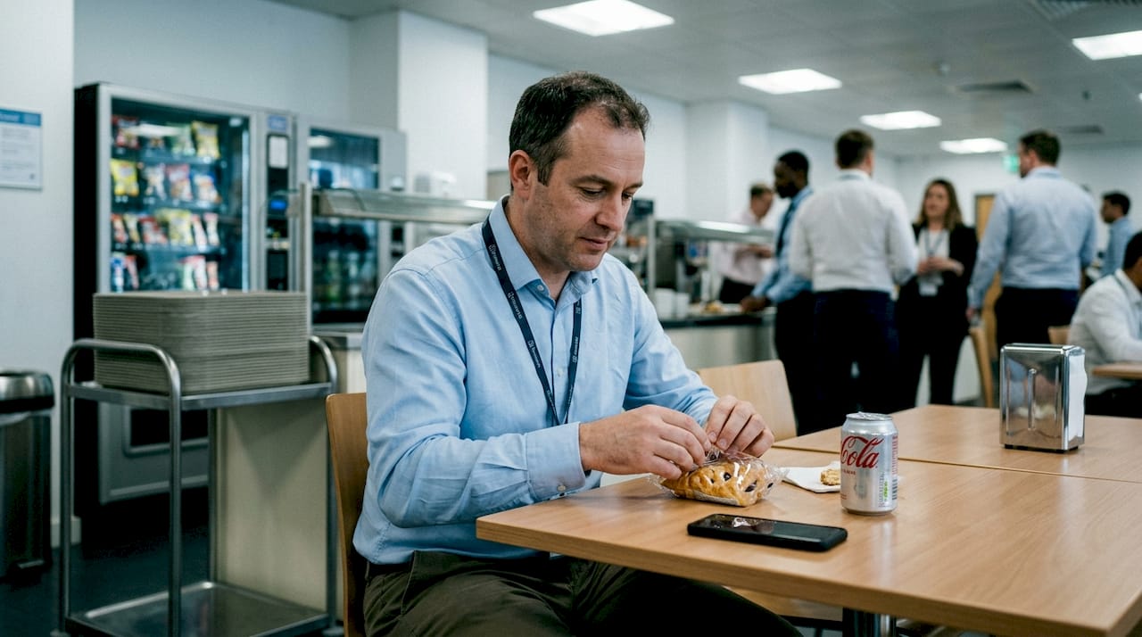 Man eating processed snack in office break room
