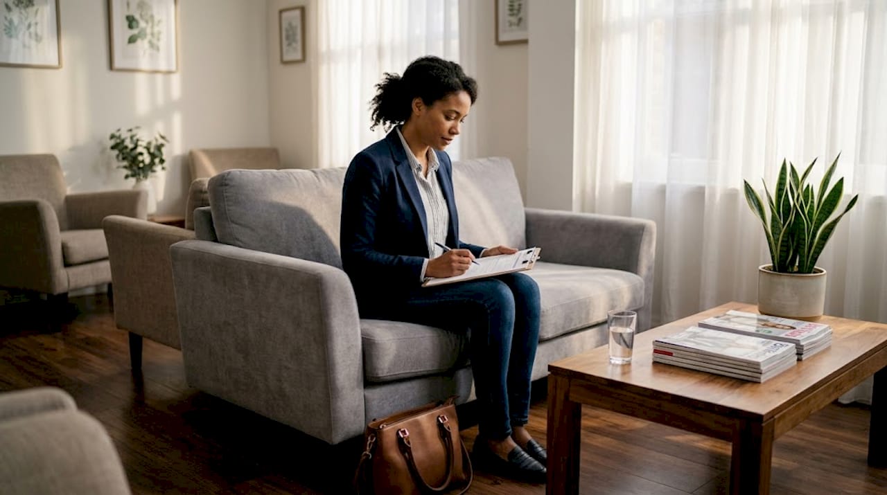 Patient reviewing form in tranquil clinic waiting area