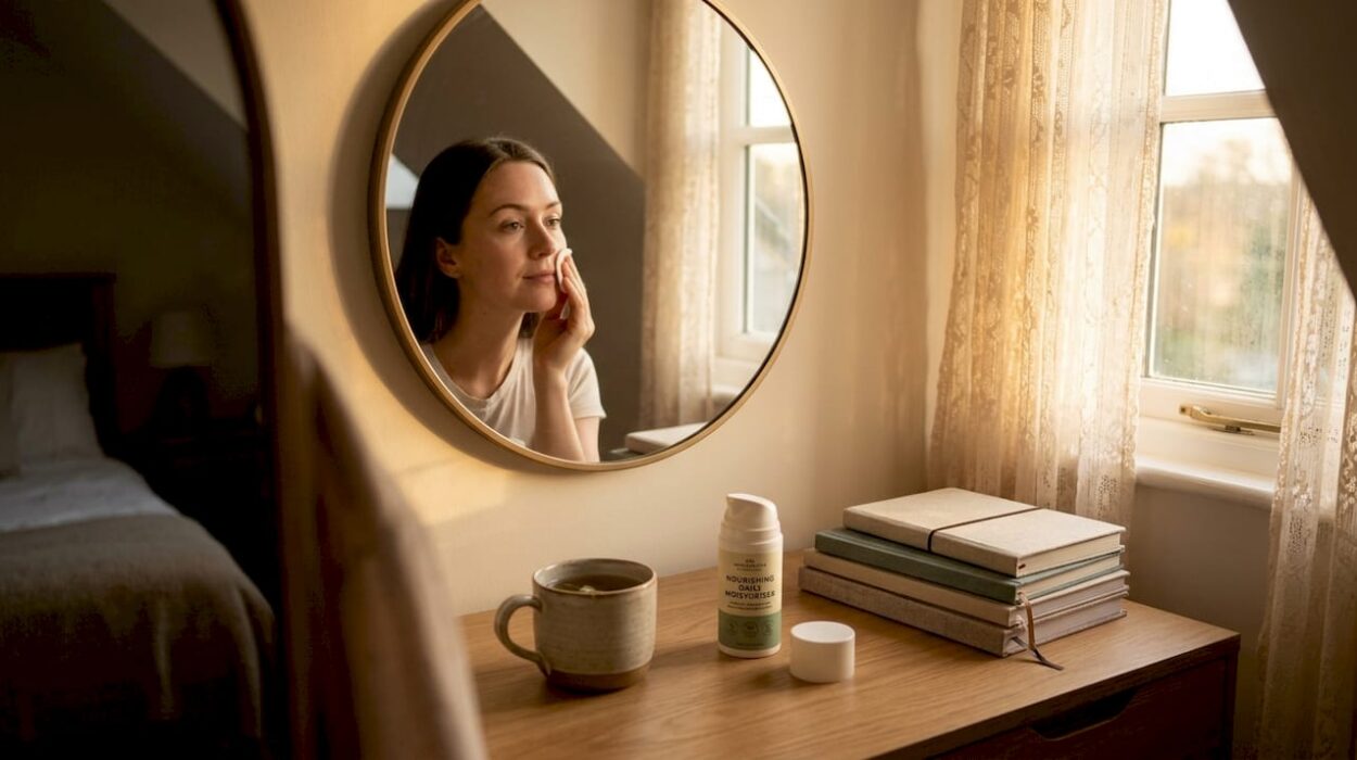 Woman examining her skin type in bedroom mirror