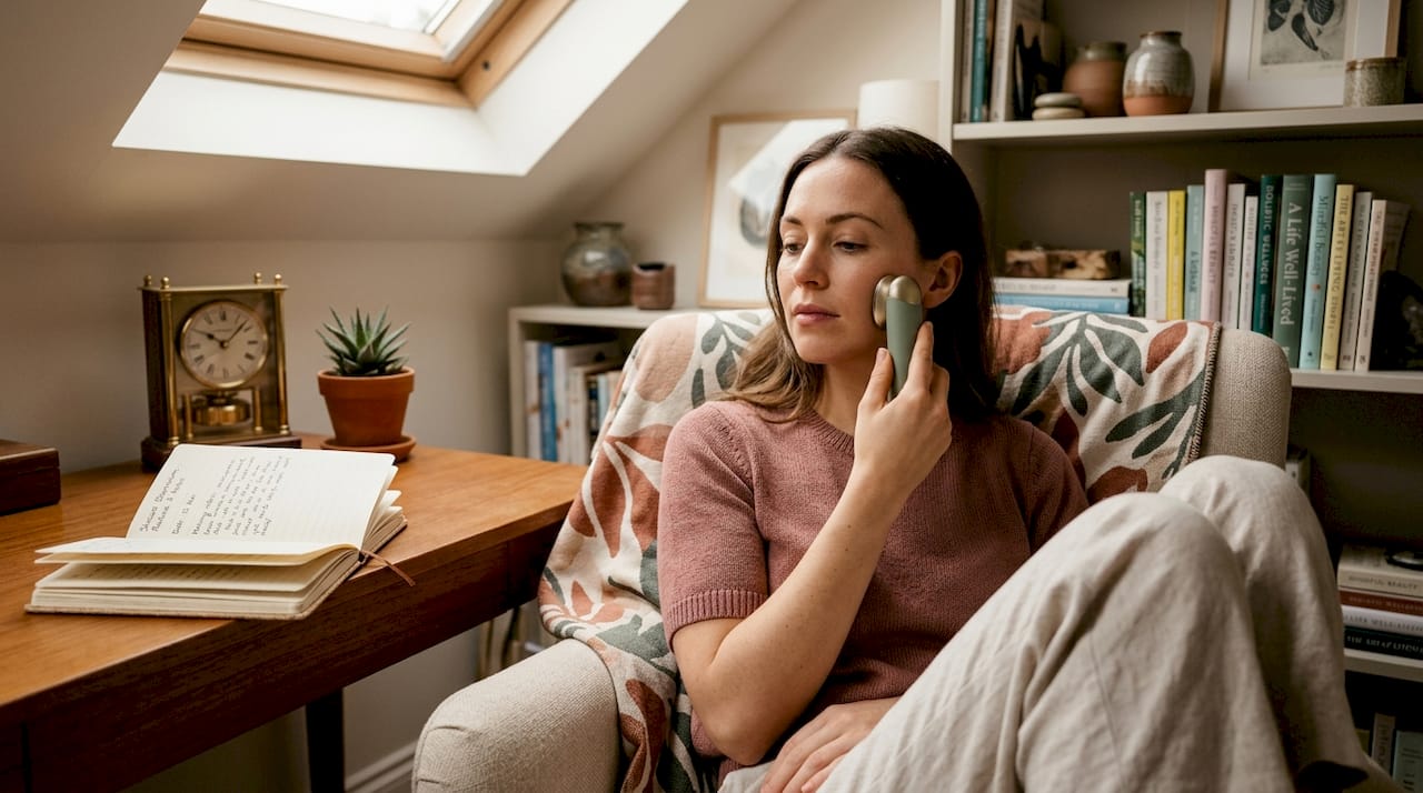 Woman using microcurrent facial device at home
