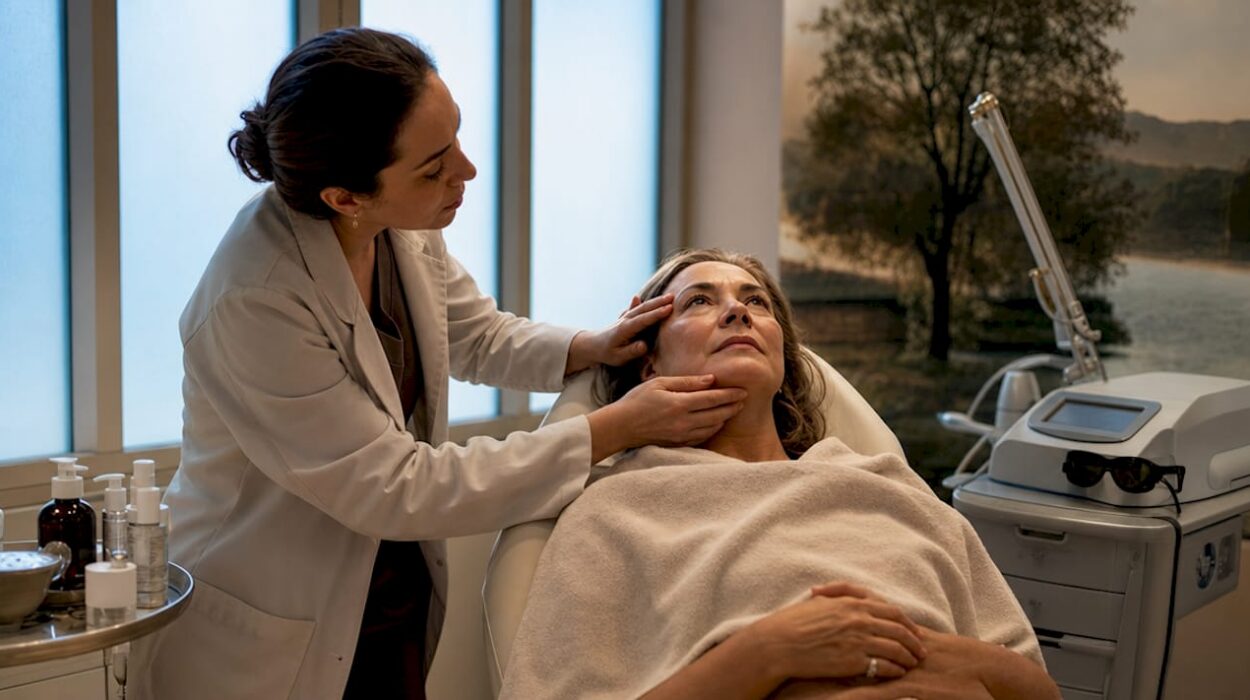 Dermatologist consulting patient during laser resurfacing