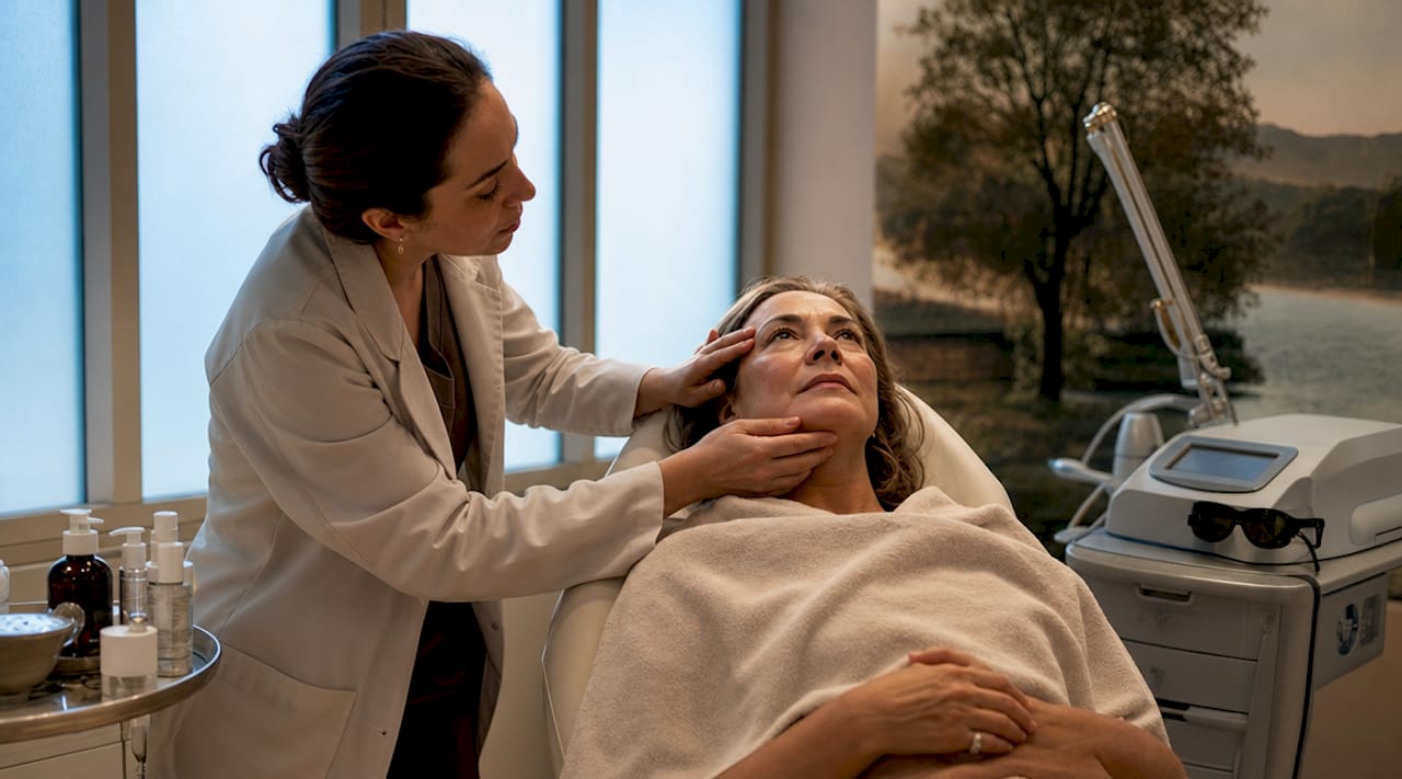 Dermatologist consulting patient during laser resurfacing