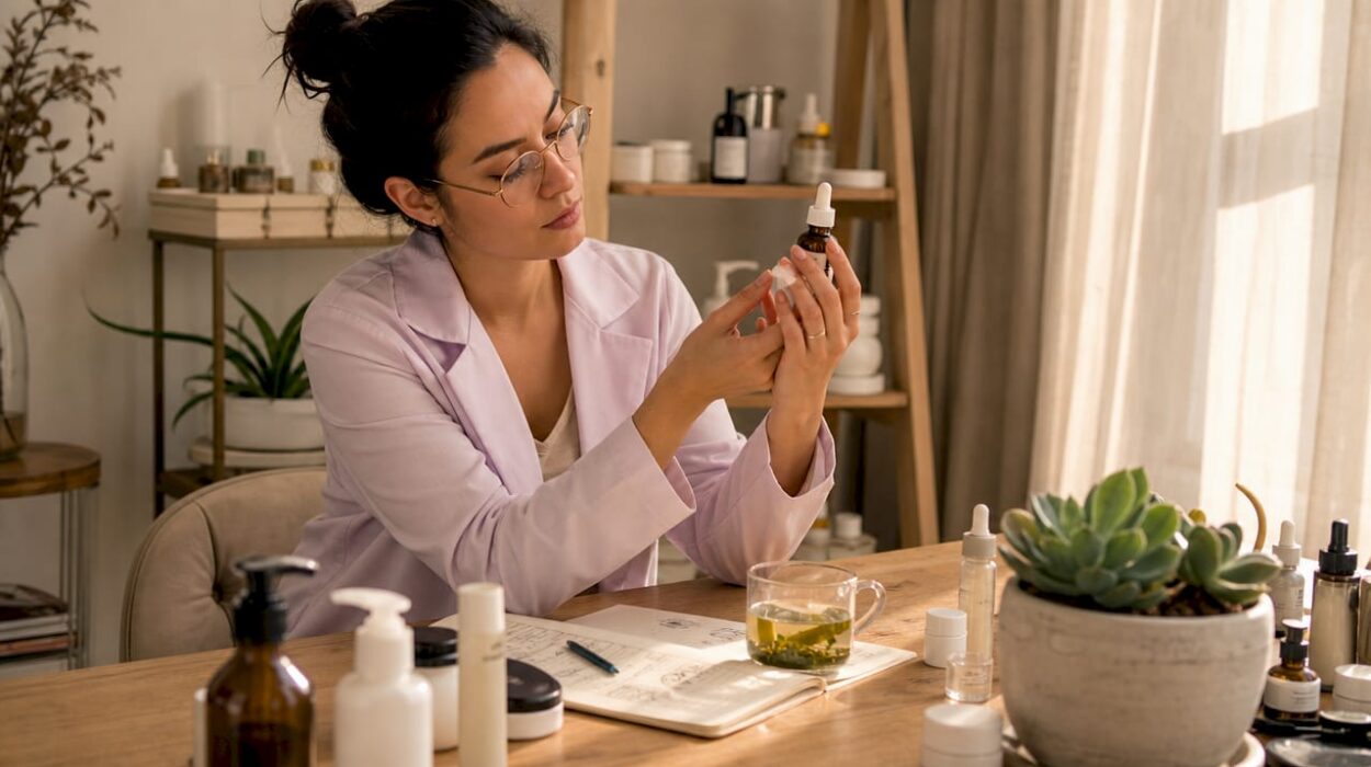 Skincare specialist examining vitamin C serum bottle