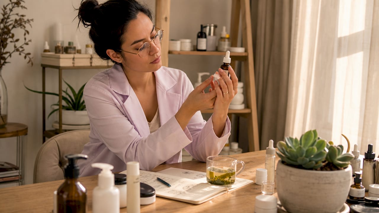 Skincare specialist examining vitamin C serum bottle