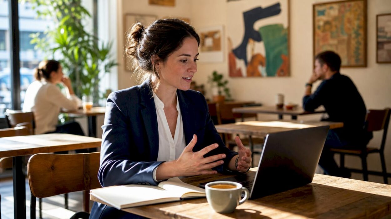 Woman conducting virtual consultation at home desk side view