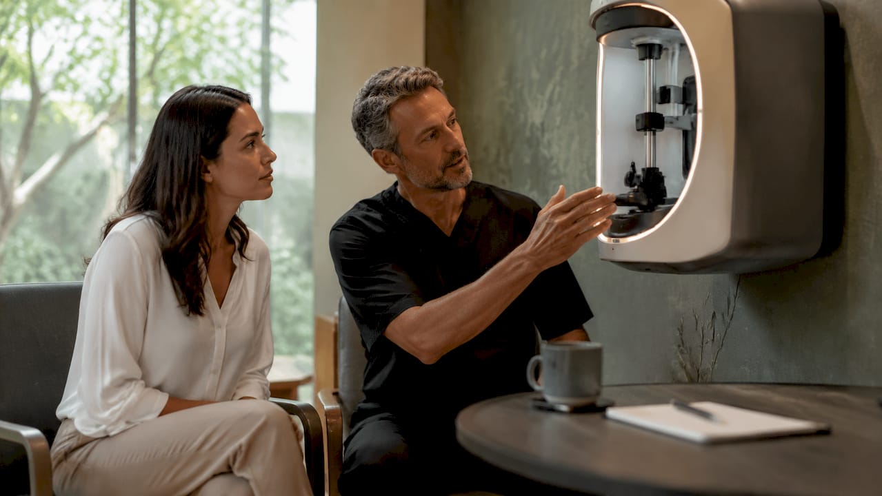 Patient and clinician discussing 3D imaging