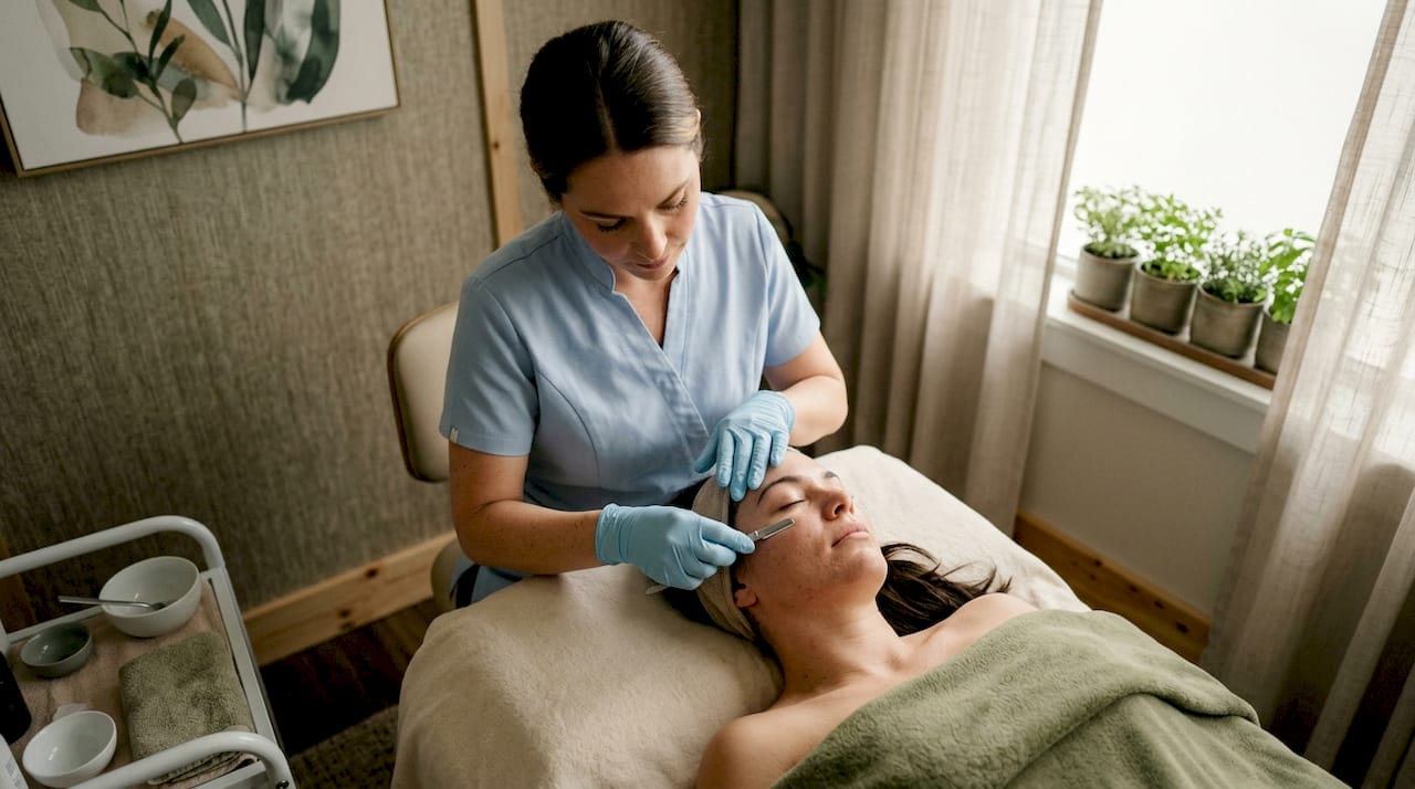 Esthetician performing dermaplaning on client’s face
