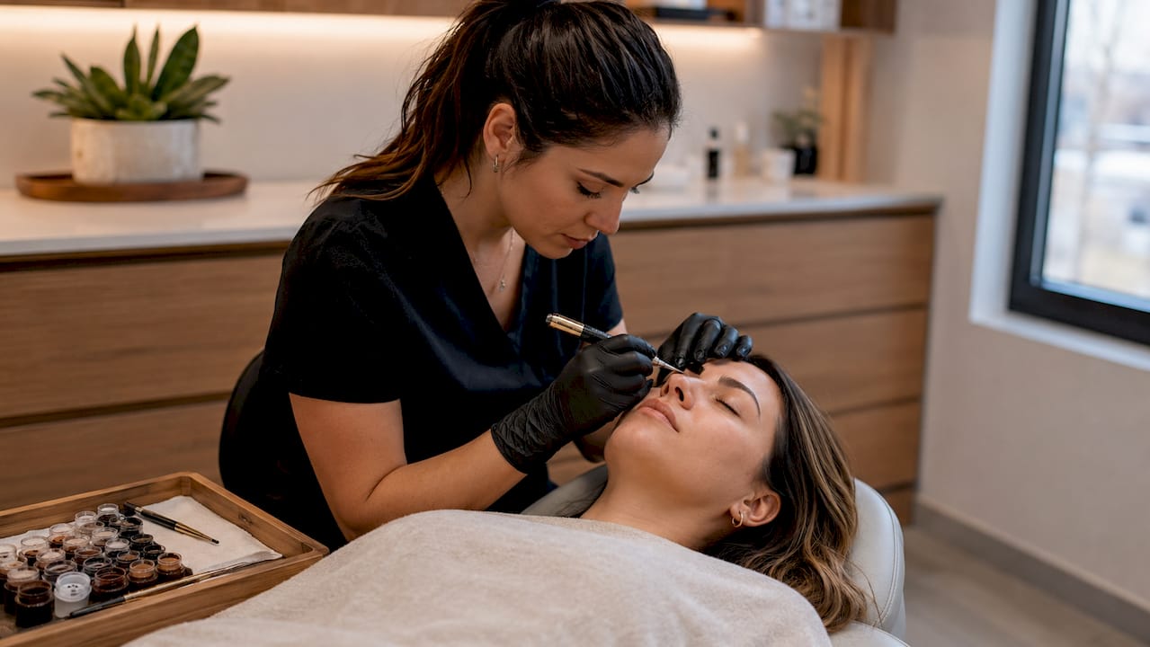 Close-up of eyebrow microblading procedure in progress
