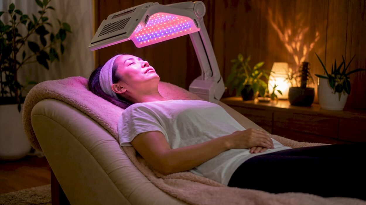 Woman receiving LED light facial therapy in clinic