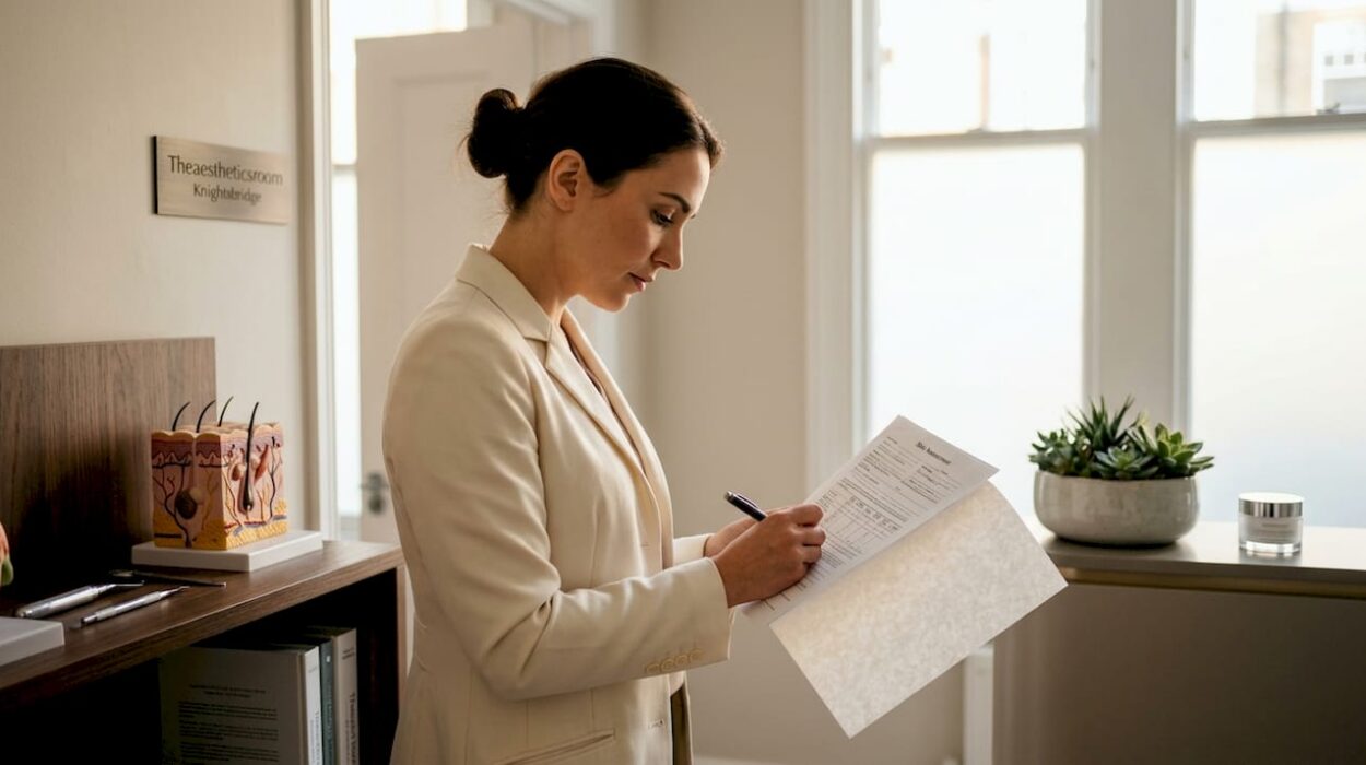 Dermatologist reviewing stretch mark consultation notes