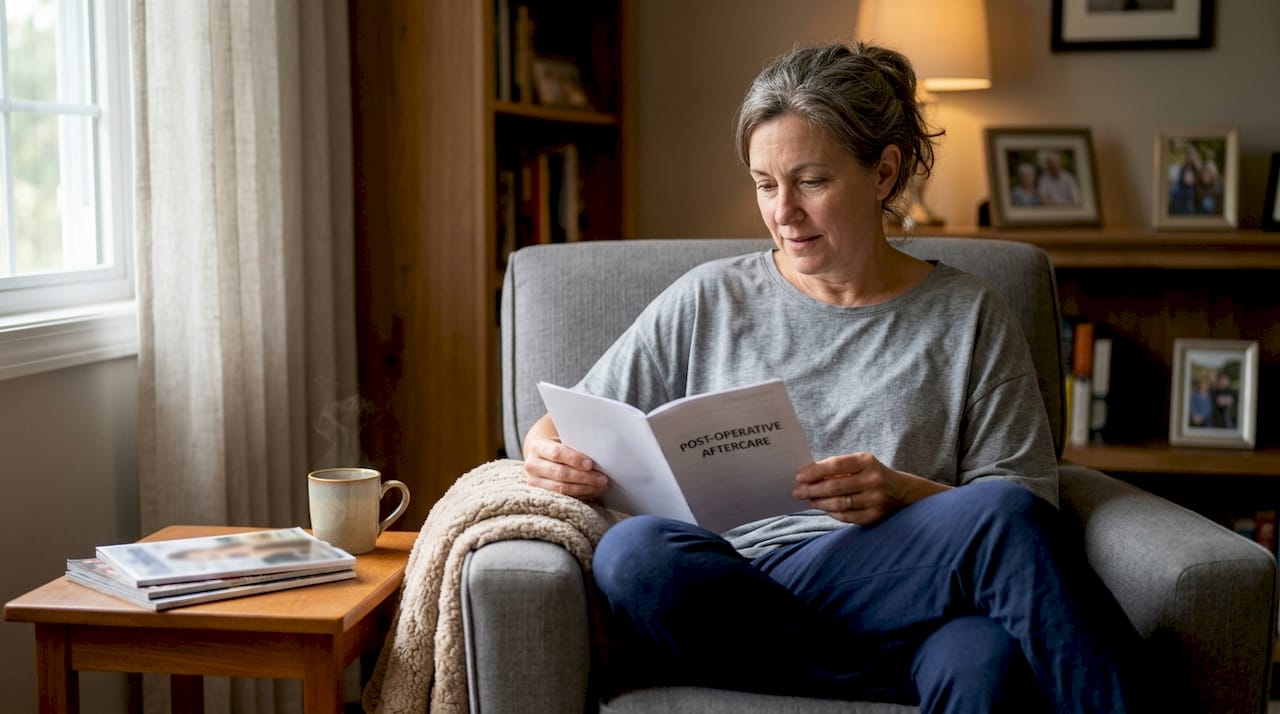 Woman reading aftercare instruction at home