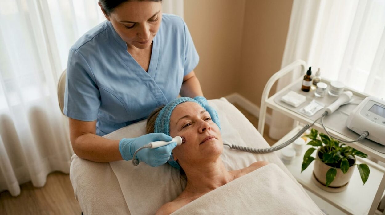 Patient receiving radiofrequency skin treatment in clinic