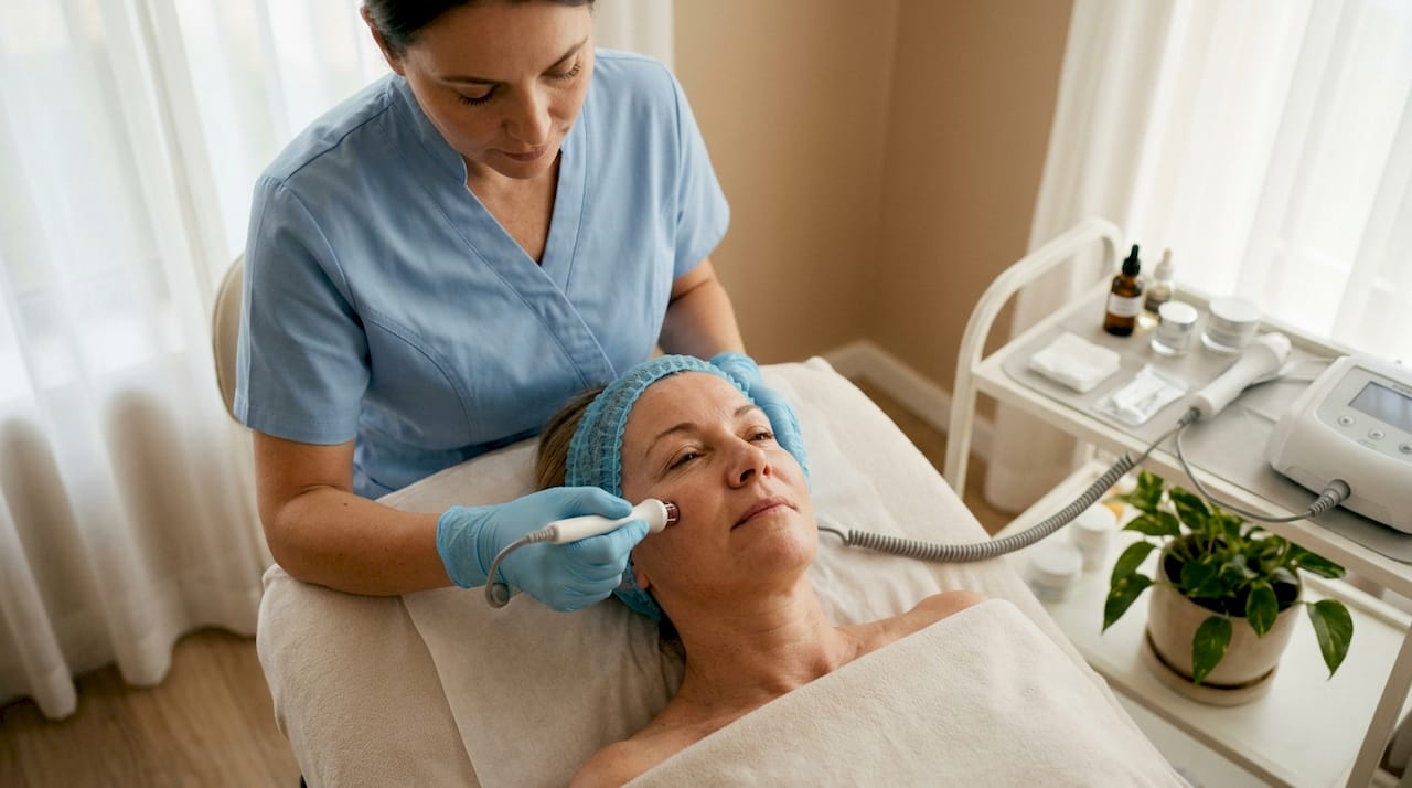 Patient receiving radiofrequency skin treatment in clinic
