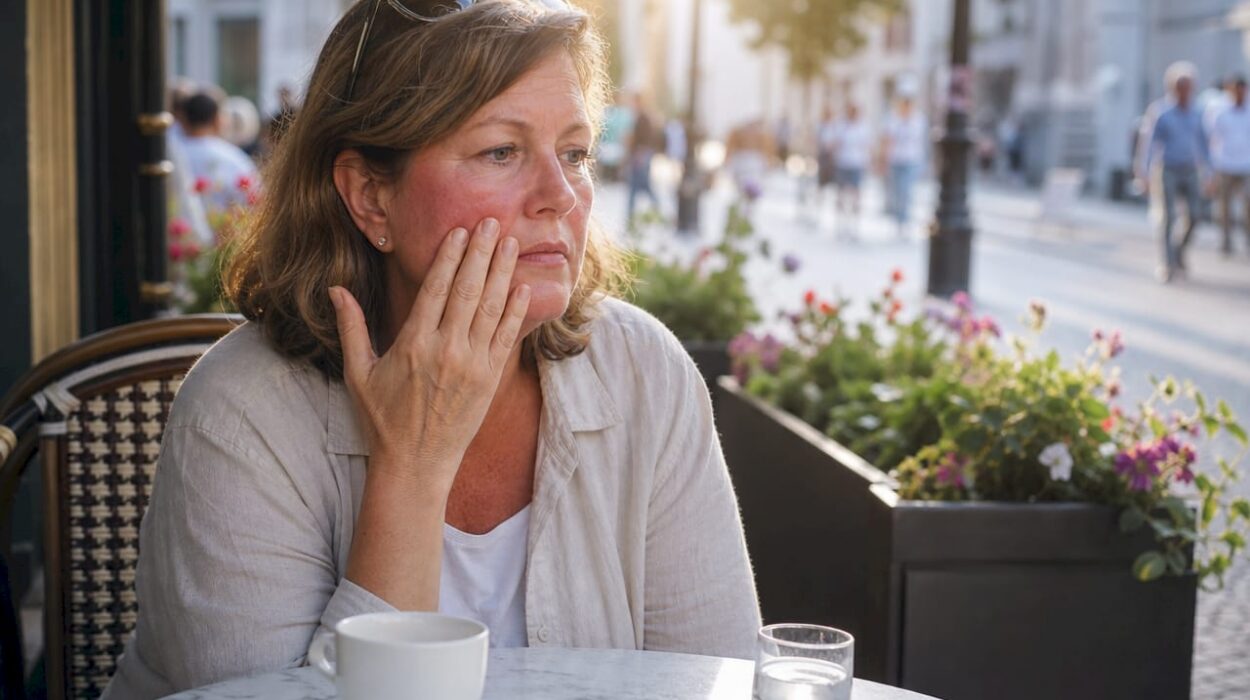 Mature woman examining reddened skin on face