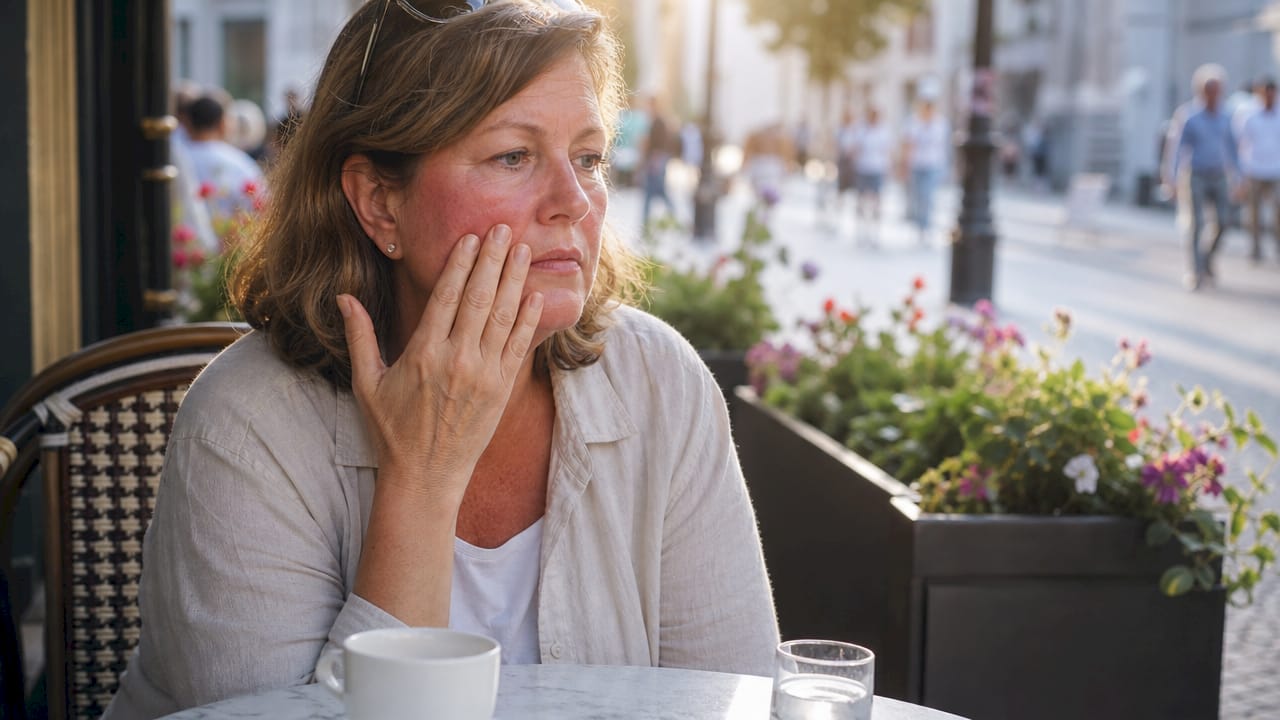 Mature woman examining reddened skin on face