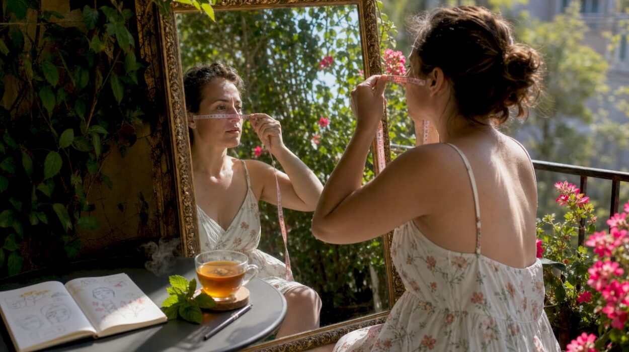 Woman measuring face shape in front of mirror