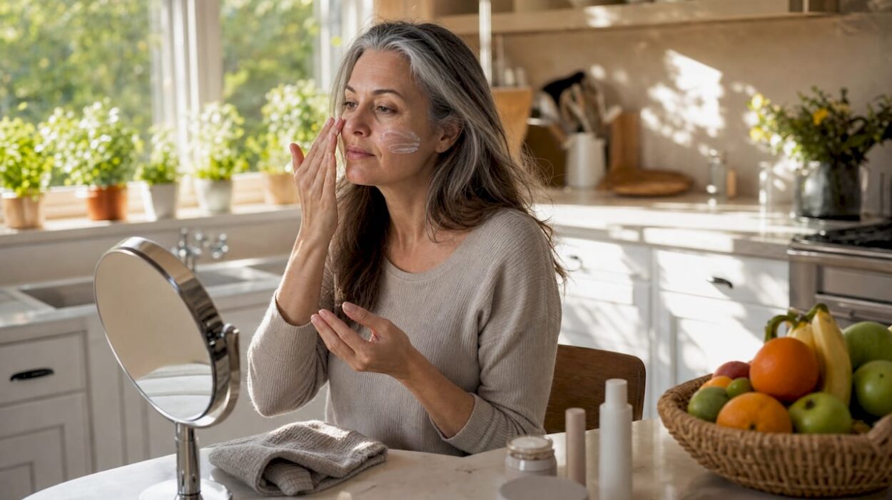 Woman applying moisturizer in bathroom