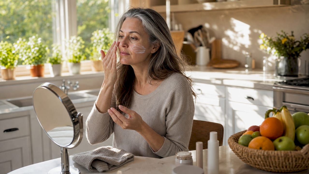 Woman applying moisturizer in bathroom