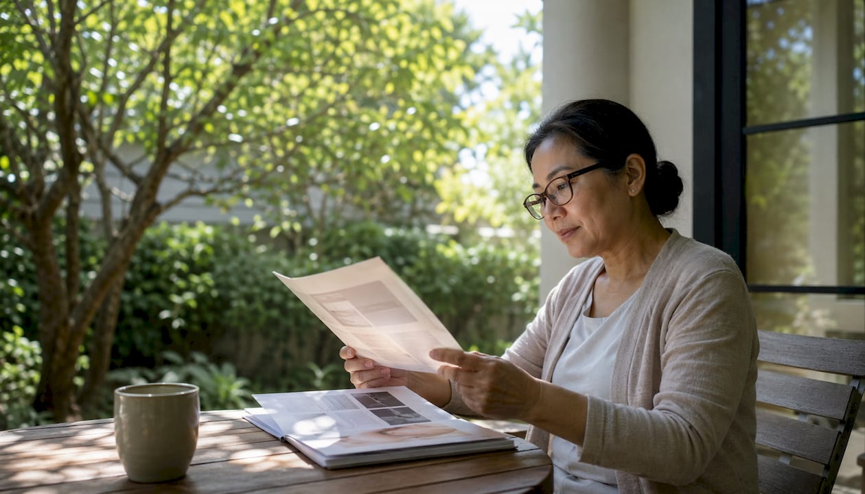 Woman reading care instructions at home table