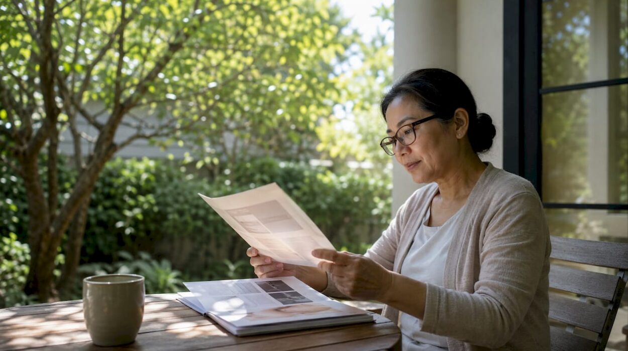 Woman reading care instructions at home table