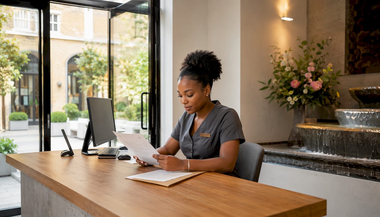 Receptionist verifying clinic credentials at desk