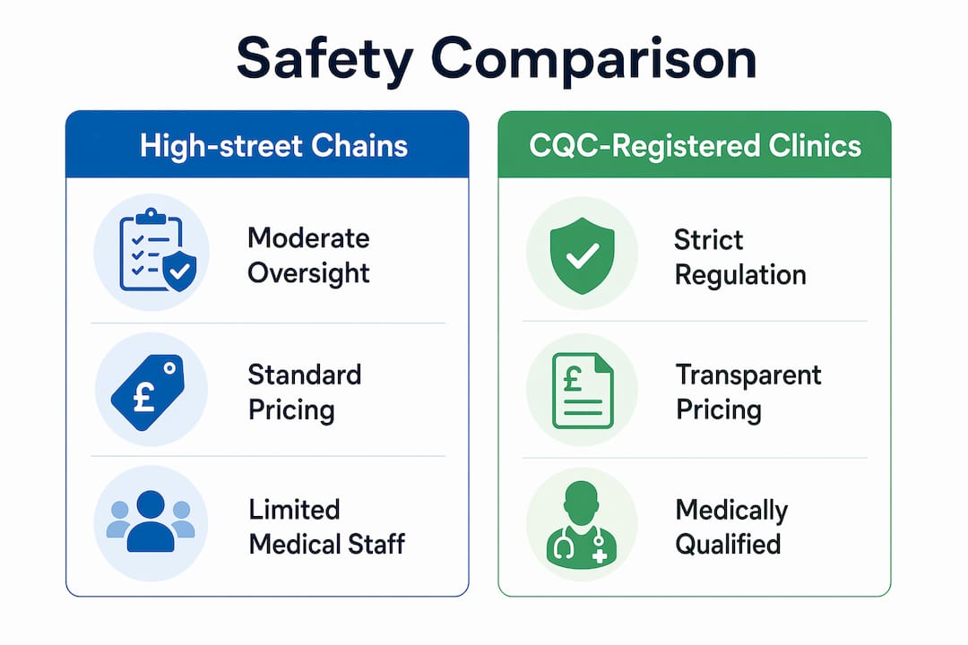 Infographic comparing safety standards of clinic types
