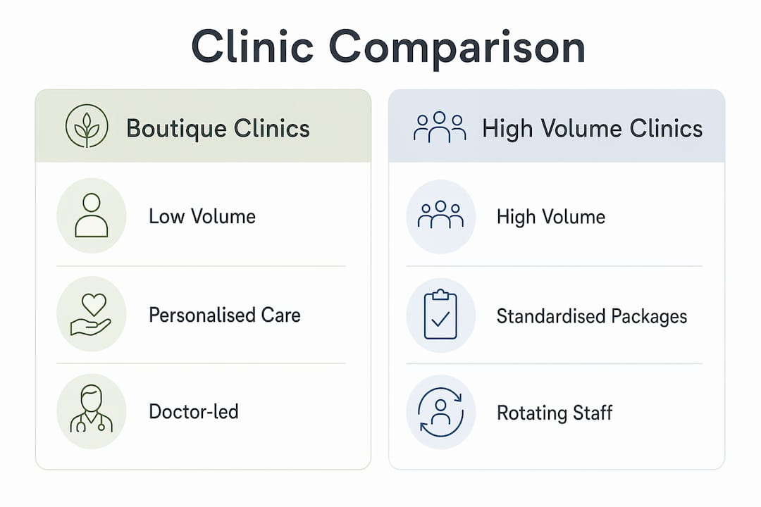 Infographic comparing boutique and high volume aesthetic clinics
