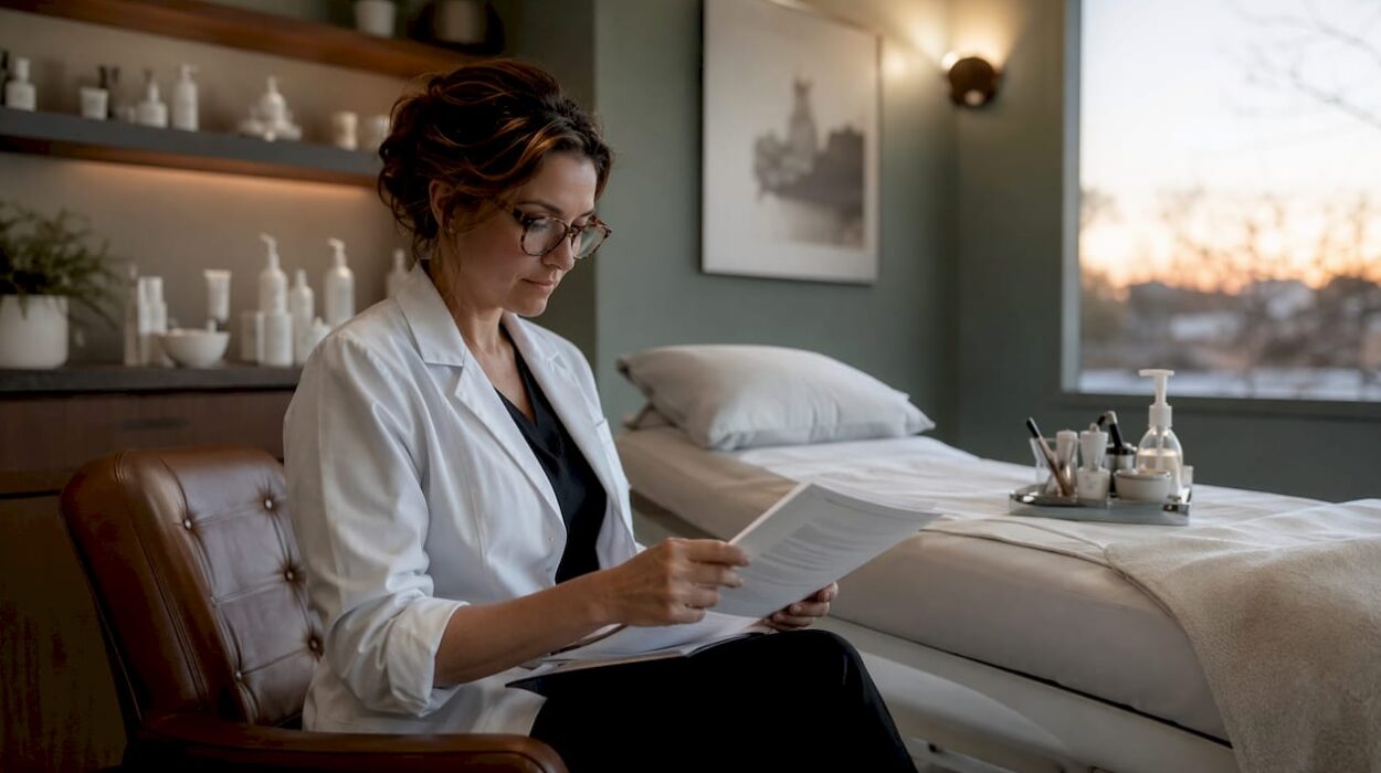 Aesthetic clinician reviewing treatment notes in clinic