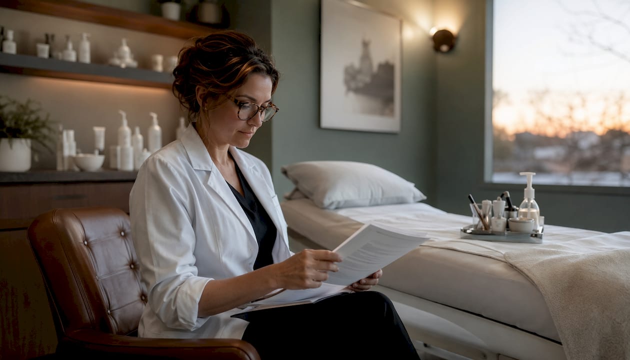 Aesthetic clinician reviewing treatment notes in clinic