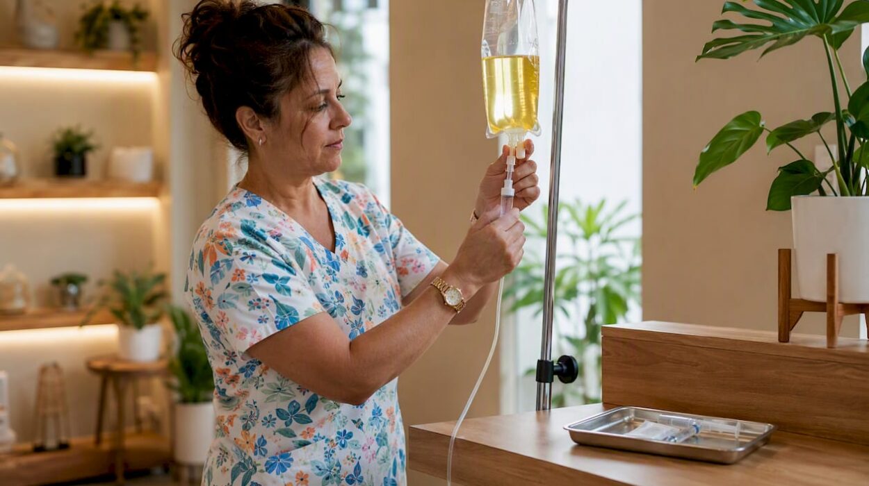 Nurse preparing IV vitamin infusion in clinic