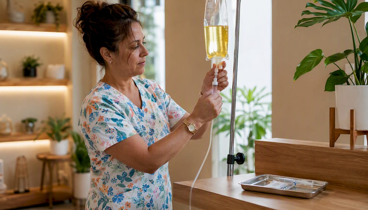 Nurse preparing IV vitamin infusion in clinic