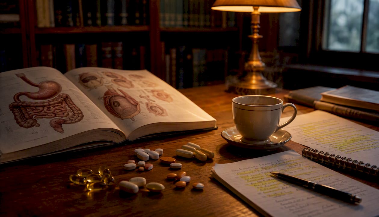 Vitamin capsules on digestive tract textbook page
