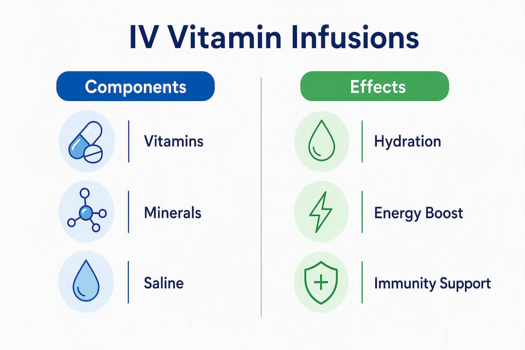 Infographic comparing components and effects of IV vitamin infusions