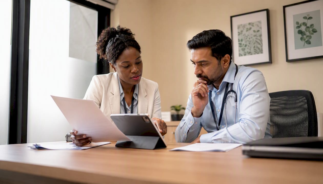 Two clinicians discussing patient follow-up protocols