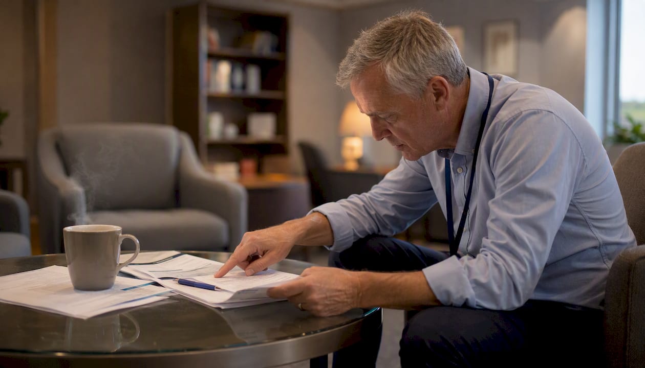 Investigator reviewing complaint documents at meeting