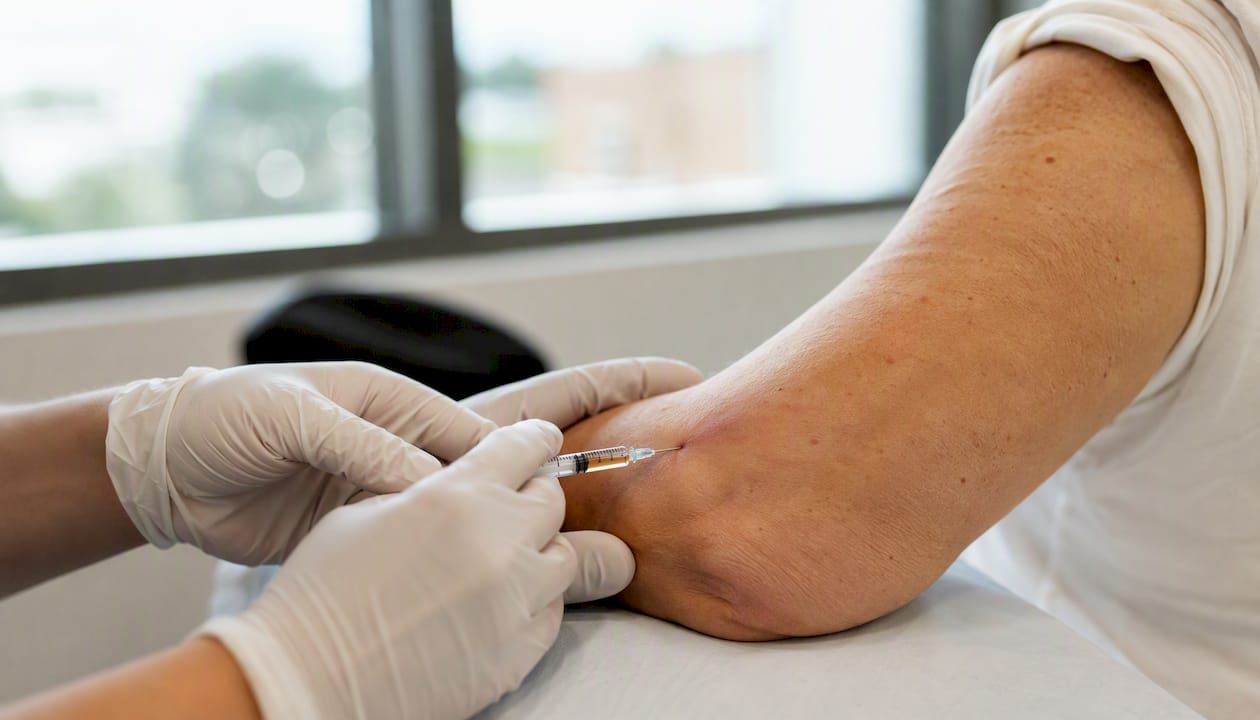 Close-up of PRP injection site on elbow