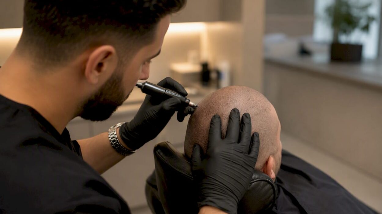 Clinician performing scalp micropigmentation treatment
