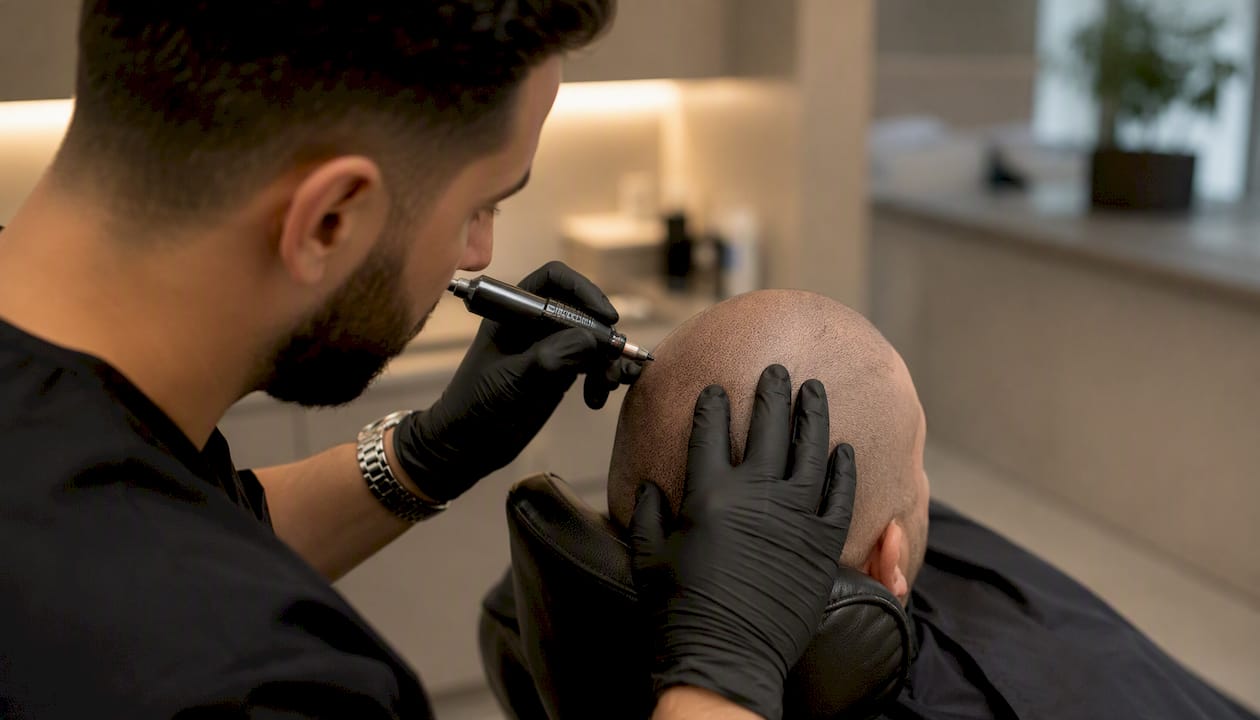 Clinician performing scalp micropigmentation treatment