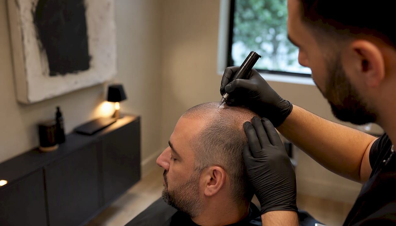 Close-up of stipple density fill SMP treatment on scalp