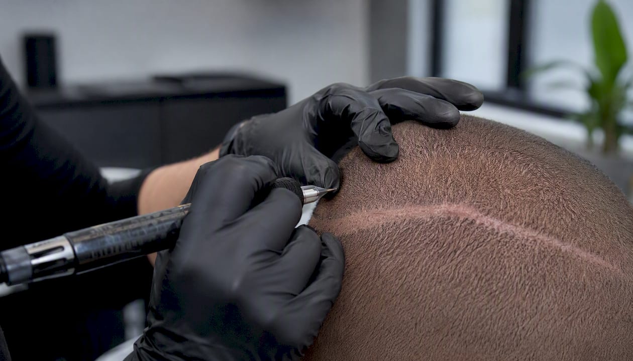 Clinician camouflaging scar with scalp micropigmentation
