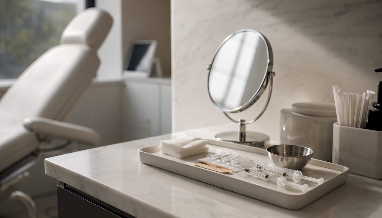 Aesthetic clinic instruments on tray