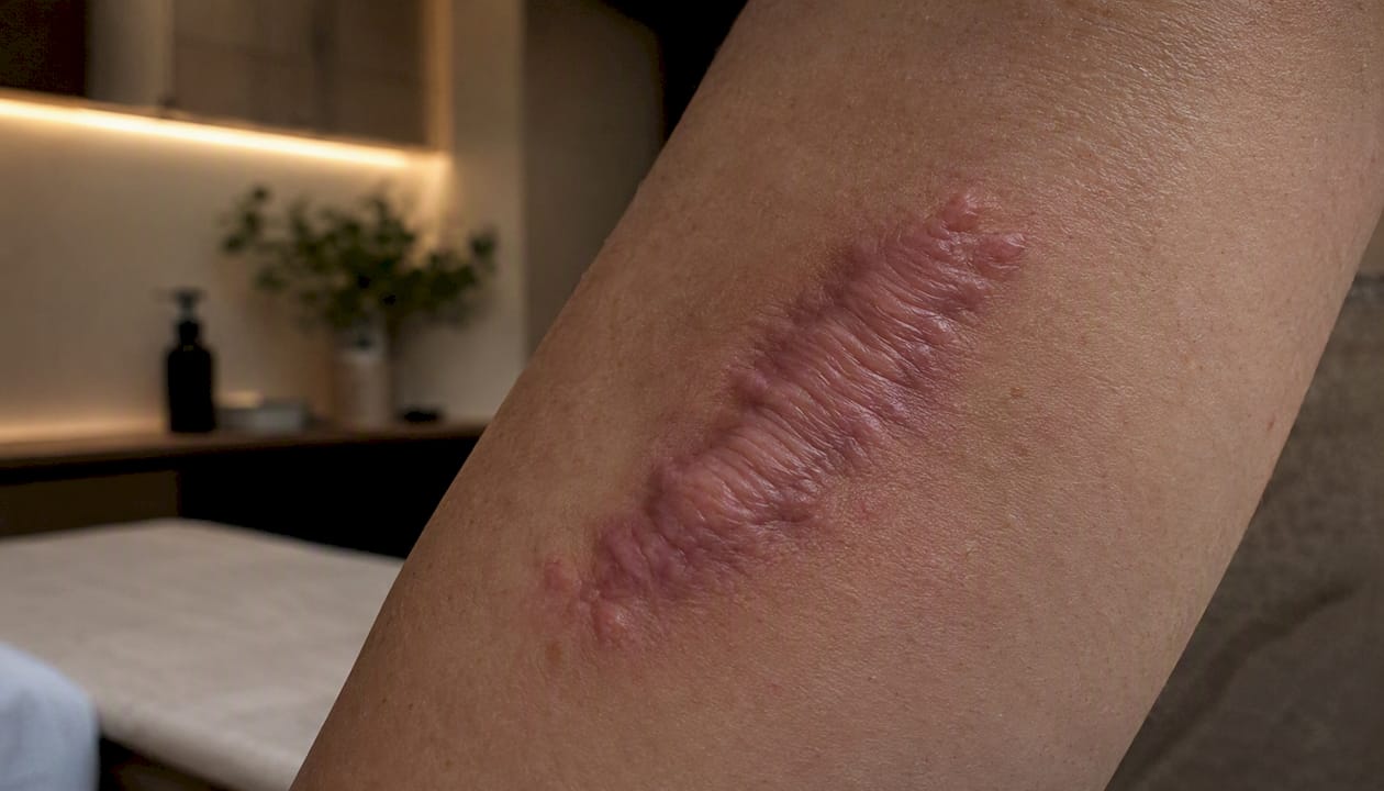 Close-up of raised hypertrophic scar