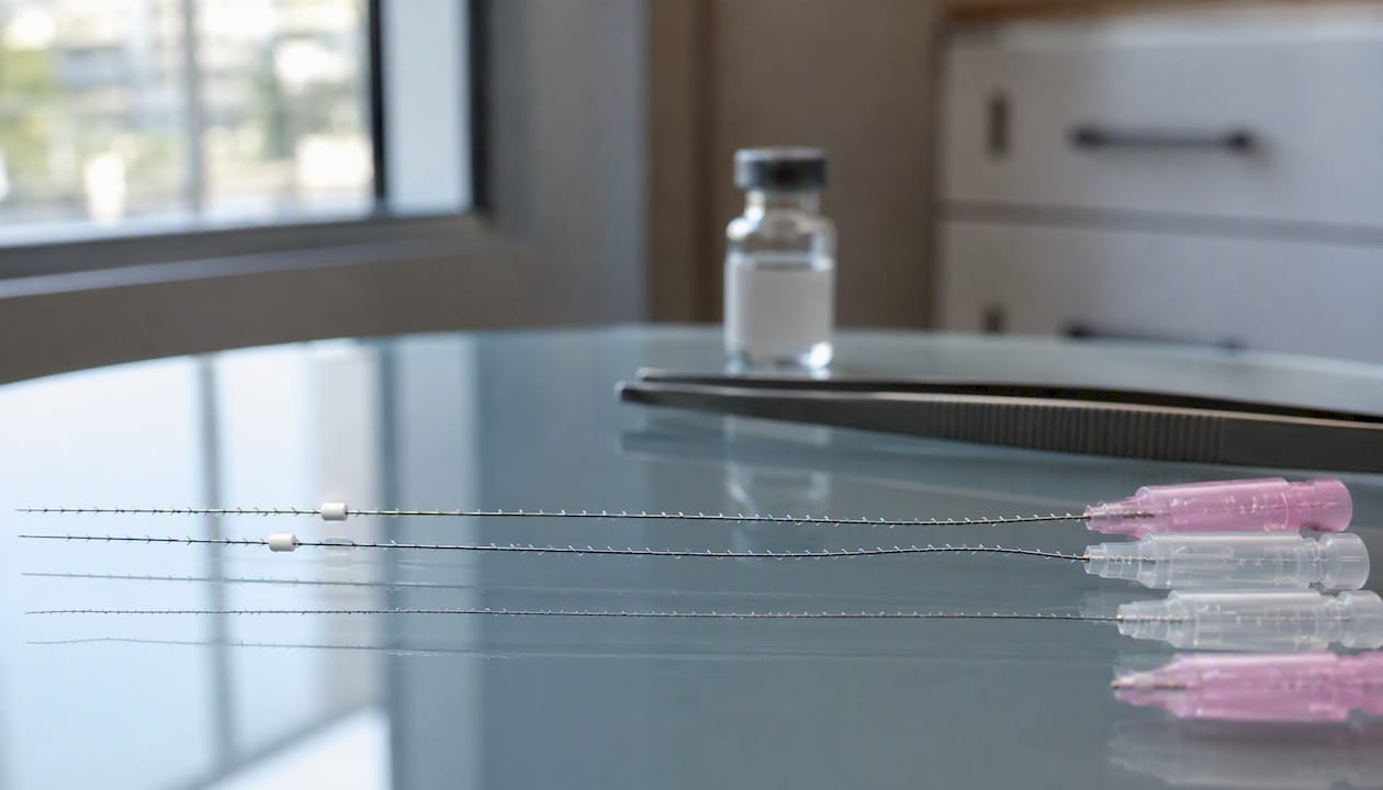 Barbed and smooth PDO threads close-up