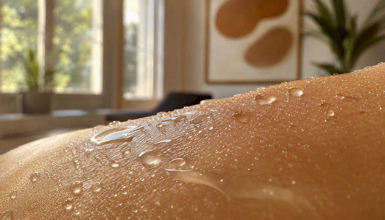 Close-up of hydrated skin surface droplets